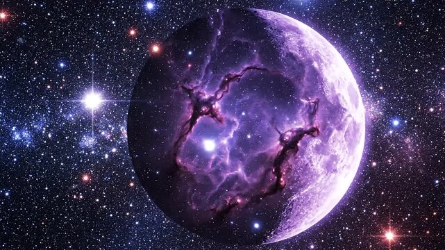 A vibrant cosmic scene featuring a purple moon amidst a starry galaxy backdrop
