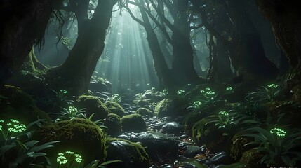 Bioluminescent Fantasy Forest with Glowing Mist
