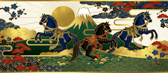 2026年の午年の正月のデザイン　横長の豪華な青と黒の馬のイラスト