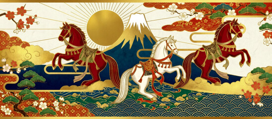 2026年の午年の正月のデザイン　横長の豪華な赤馬と白馬のイラスト