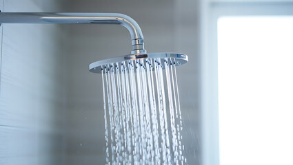 Close-Up of Modern Rainfall Shower Head with Strong Water Streams in Bright Contemporary Bathroom