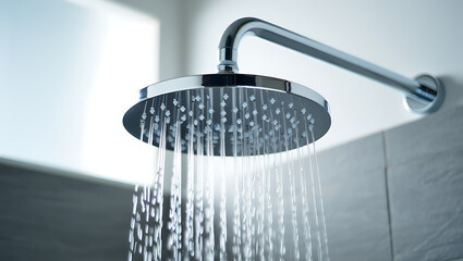 Modern Chrome Rain Shower Head with Flowing Water in Contemporary Tiled Bathroom Close-Up
