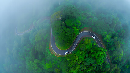 Aerial Drone View of Foggy Winding Asphalt Road with White Cars in Lush Green Mountain Forest