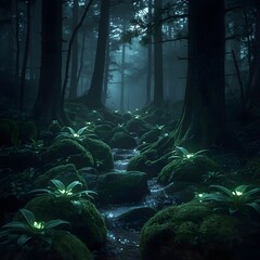 Bioluminescent Fantasy Forest with Glowing Mist
