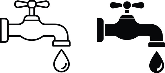 Water tap icon set including outline and silhouette styles, vector illustration of dripping faucet with drop, black plumbing symbol isolated on white background