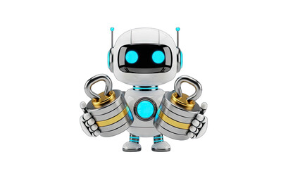 Adorable White Cartoon Robot Character With Glowing Blue Eyes And Antennas Holding Two Futuristic Cylindrical Objects With Gold Accents On A Transparent Background