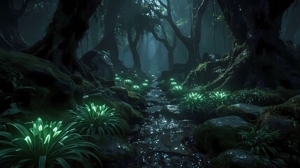 Bioluminescent Fantasy Forest with Glowing Mist
