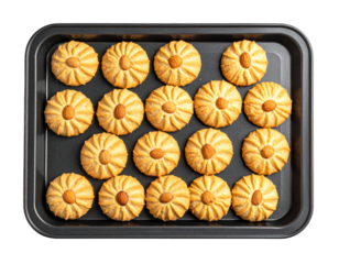 Freshly Baked Almond Cookies Arranged on a Dark Metal Baking Tray