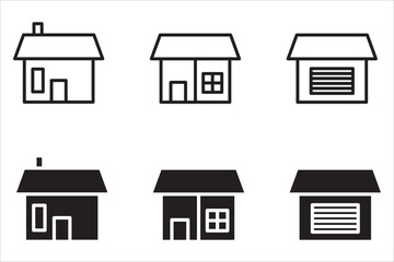 Web home icon set for websites and apps. Simple house symbol. Main page pictogram in filled, thin line, outline and stroke style. Isolated illustration.