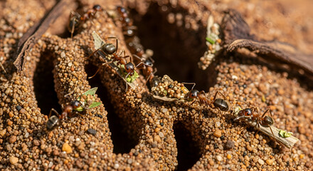 Camouflaged wolf spider emerging from sandy burrow entrance