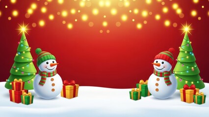 Cheerful cartoon snowmen flank decorated Christmas trees and colorful gift boxes against a vibrant red holiday background with bokeh lights