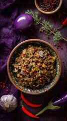 Ethereal flat spread of pindjur in ceramic bowl on purple backdrop, dish from North Macedonia, food photo, template for social media, digital ads, web banners, mobile wallpapers, greetings card