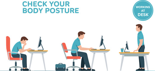 Correct and incorrect desk posture comparison showing ergonomic sitting and standing positions for healthy working habits and spinal alignment awareness