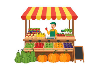 Smiling vendor at a bustling market stall with fresh produce