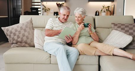 Coffee, relax and tablet with old couple on sofa in living room of home together for streaming. App, conversation and break with happy senior people drinking beverage in apartment for entertainment