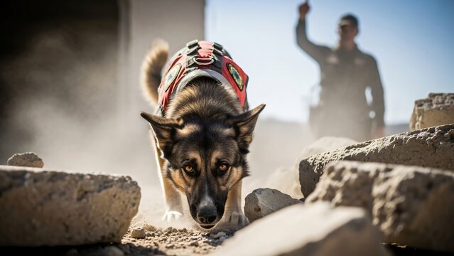 German Shepherd Search and Rescue Dog Sniffing Ground in Disaster Rubble