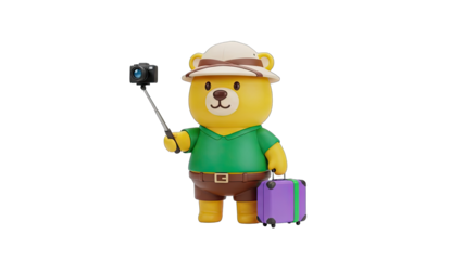 Adorable Yellow Cartoon Bear Character Dressed in Safari Outfit with Hat Holding Camera on Selfie Stick and Purple Suitcase Ready for Adventure