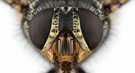 Extreme close up macro photograph of a fly s compound eye and face