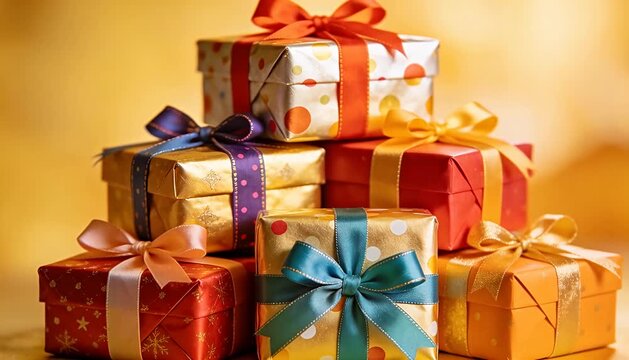A large pile of colorful gift boxes wrapped in shiny ribbons and bows for a festive celebration, gifts.