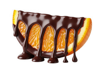 Fresh orange segment covered in rich dark chocolate sauce drips