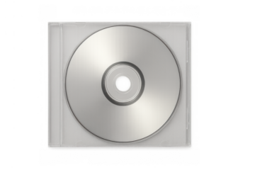 Compact disc in jewel case with blank silver surface, providing digital data storage and media entertainment, transparent background