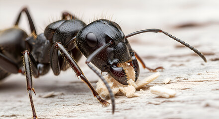 Fototapeta premium Close up of a large black ant eating food on a wooden surface