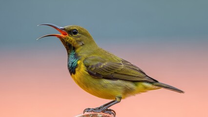 Vibrant close up of a small olive sunbird perched with its beak wide open against a soft pastel background