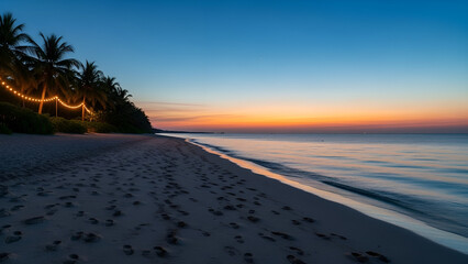 Tropical beach at sunset with palm trees and string lights