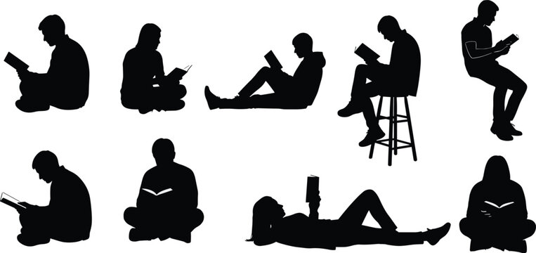 Reading silhouette vector, seated and reclined poses, book lover illustration, study posture graphic, cad drawing flat vector illustration