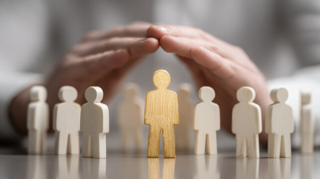 Business person protecting a wooden human figurine among other small wooden figures, symbolizing leadership or safeguarding team members