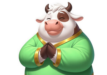 Cute cartoon cow character meditating peacefully in a green robe