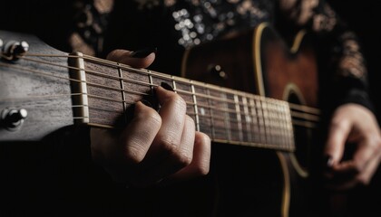 Fototapeta premium Close up of a persons hands playing an acoustic guitar in a dimly lit setting, focusing on the fretboard and strings.
