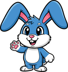 Cute cartoon blue bunny waving paw with smile, cheerful animal character for kids content, branding, greeting card and playful design