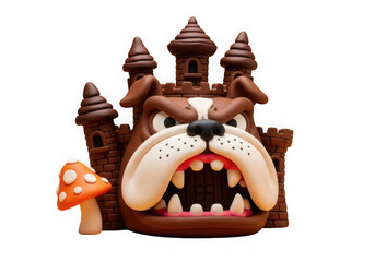 Angry bulldog head castle, whimsical clay art with a mushroom