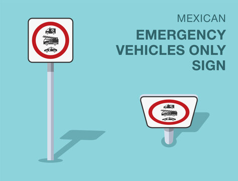 Fototapeta Traffic regulation rules. Isolated mexican "emergency vehicles only" road sign. Front and top view. Flat vector illustration template.
