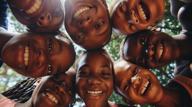 Group of diverse faces looking towards the camera from a low angle view