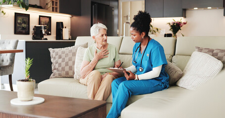 Chest, clipboard or healthcare with nurse and old woman on sofa in home living room for checkup....