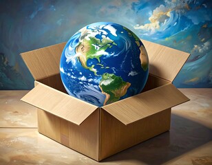 Globe nestled within an open cardboard box, cosmic background