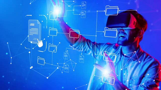 A young man explores the exciting world of virtual reality, interacting with digital files and data in a vibrant and futuristic environment, showcasing modern technology. Raster