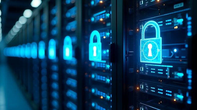 Digital padlocks glow on server racks symbolizing robust cybersecurity and data protection in a modern data center