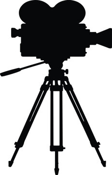 silhouette of an old-fashioned film camera on a tripod,