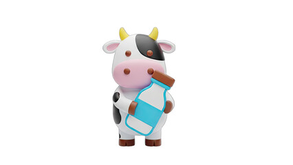 Adorable Cartoon 3D Cow Character Holding a Bottle of Milk with Yellow Horns and Pink Nose on a Transparent Background