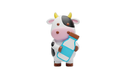 Adorable Cartoon 3D Cow Character Holding a Bottle of Milk with Yellow Horns and Pink Nose on a Transparent Background