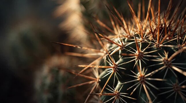 Close-up of a vibrant green cactus with sharp, golden-brown spines in natural light.