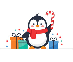 Cute cartoon penguin with candy cane and gift boxes, winter holiday celebration, Christmas vector art, festive season illustration design