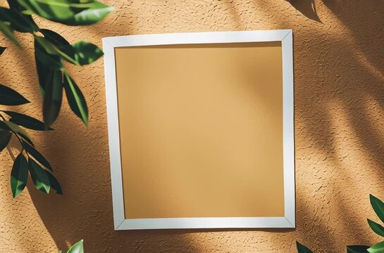 White Frame Rotating Against Textured Wall with Leaf Shadows