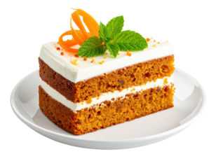 Delicious slice of carrot cake with cream cheese frosting, mint, and carrot garnish.
