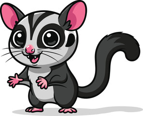 Cute cartoon sugar glider standing with big eyes and happy face, playful animal character for wildlife, education, and kids content