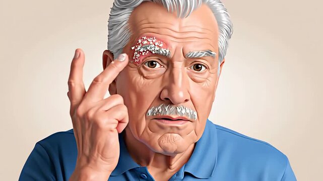 Elderly Man Examines Skin Rash on Forehead, Touching and Inspecting the Affected Area