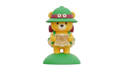 Adorable Cartoon Bear Explorer Character with Yellow Fur Wearing a Green Safari Hat and Backpack Holding a Map on a Green Mound